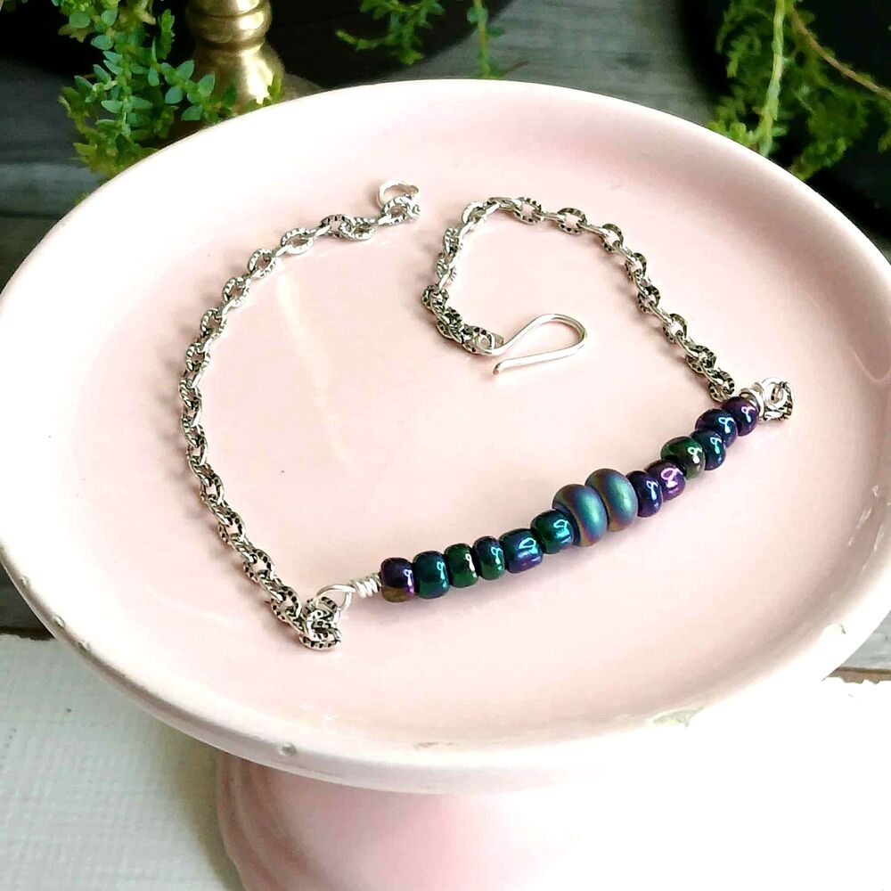Holographic Beaded Anklet Bracelet, Adjustable Metallic Rainbow Jewelry
